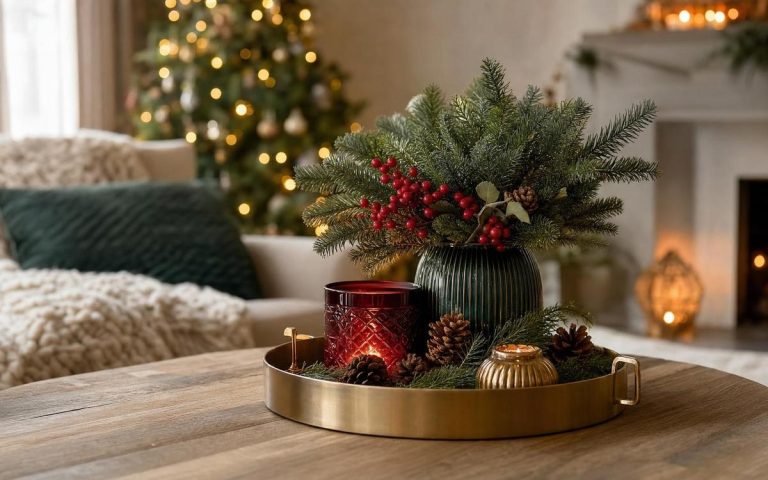 A gold tray with a dark green vase, evergreen, red berries and a red candle on a coffee table