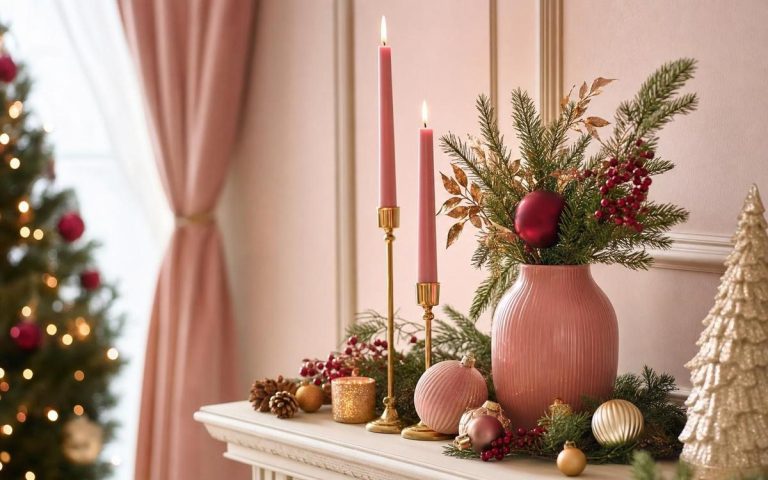 Photorealistic Pink Christmas Decor seasonal decor vignette