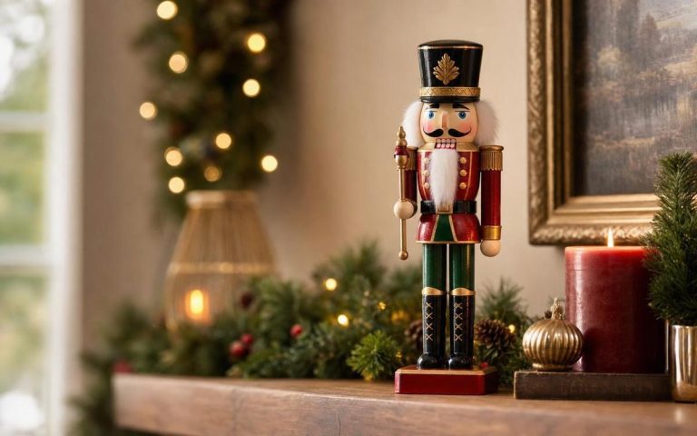A traditional nutcracker beside a red candle, evergreen garland and gold ornament