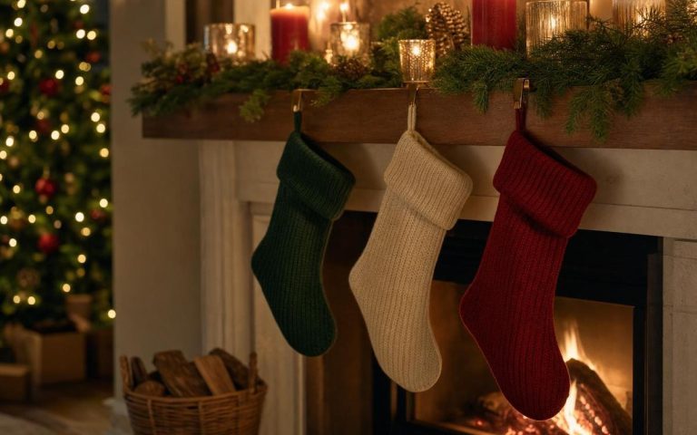 Photorealistic Christmas Fireplace & Stocking Decor seasonal decor vignette