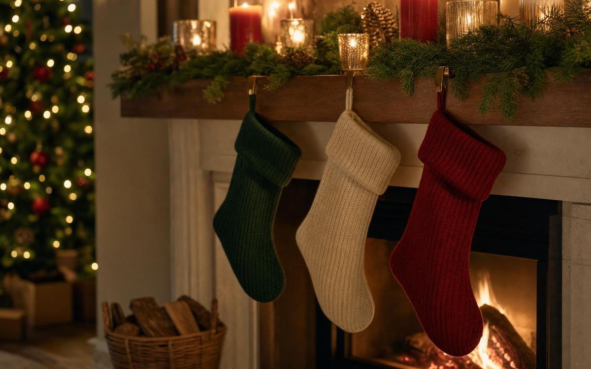 Photorealistic Christmas Fireplace & Stocking Decor seasonal decor vignette