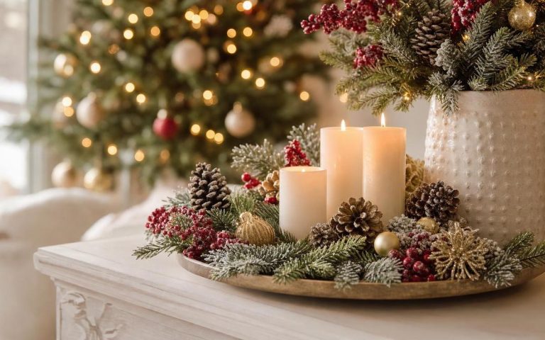 White pillar candles surrounded by evergreen, pinecones, red berries and gold ornaments on a tray