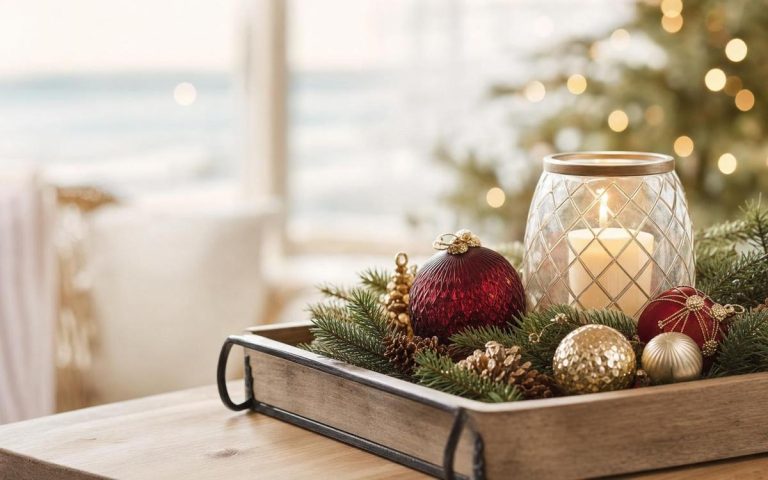 A wooden tray of evergreen branches, red and gold ornaments and a patterned glass lantern by a window