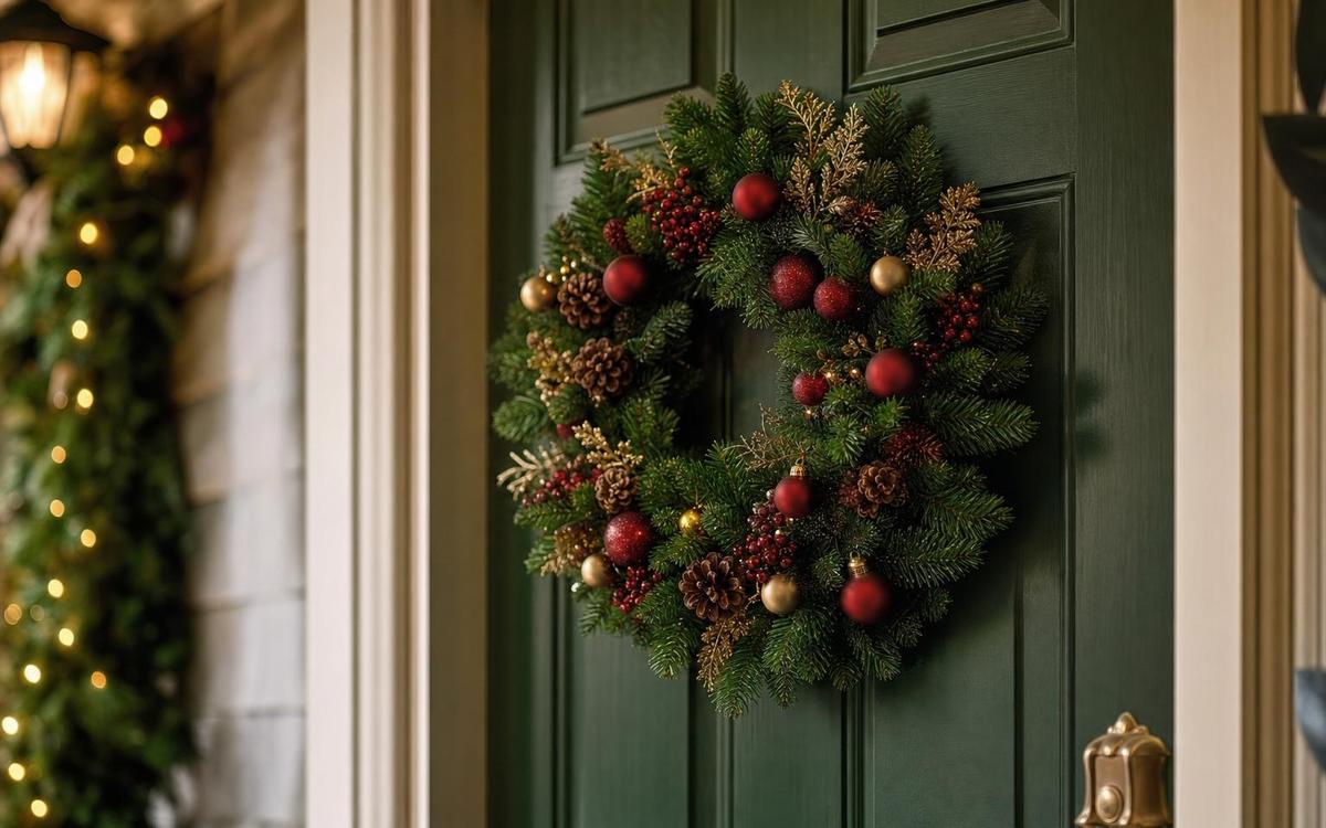 Photorealistic Christmas Wreaths for Front Door seasonal decor vignette