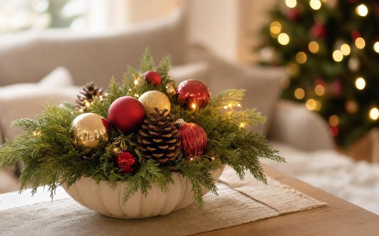 An evergreen centerpiece with pinecones and red and gold ornaments in a cream bowl