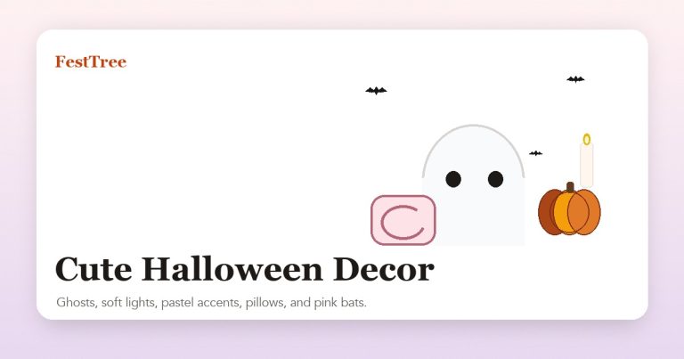 Illustrated cute Halloween decor with ghost, pumpkin light, pillow, and pink bats