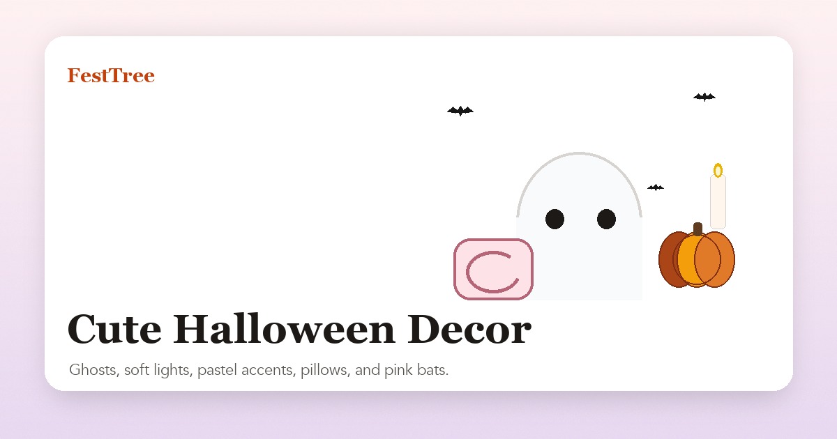 Illustrated cute Halloween decor with ghost, pumpkin light, pillow, and pink bats