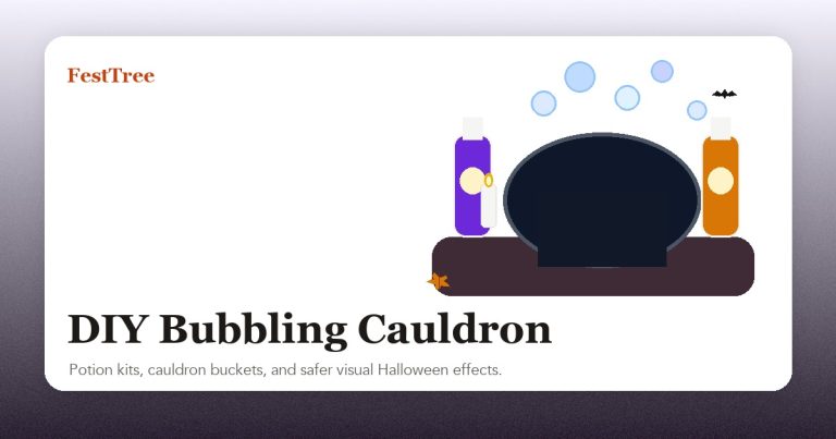 Illustrated DIY bubbling cauldron with potion bottles, floating bubbles, lights, and Halloween table accents