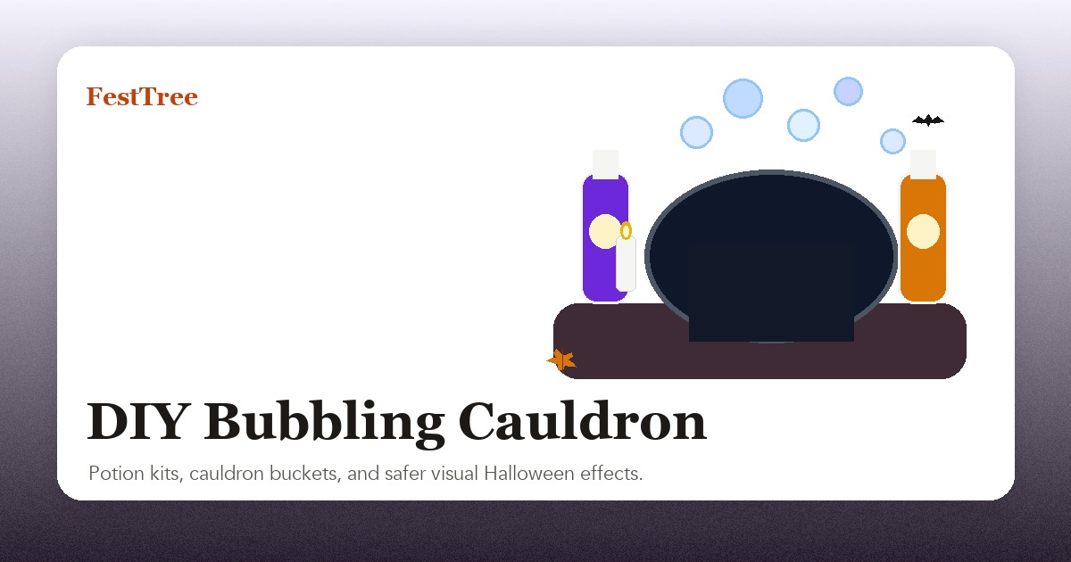 Illustrated DIY bubbling cauldron with potion bottles, floating bubbles, lights, and Halloween table accents