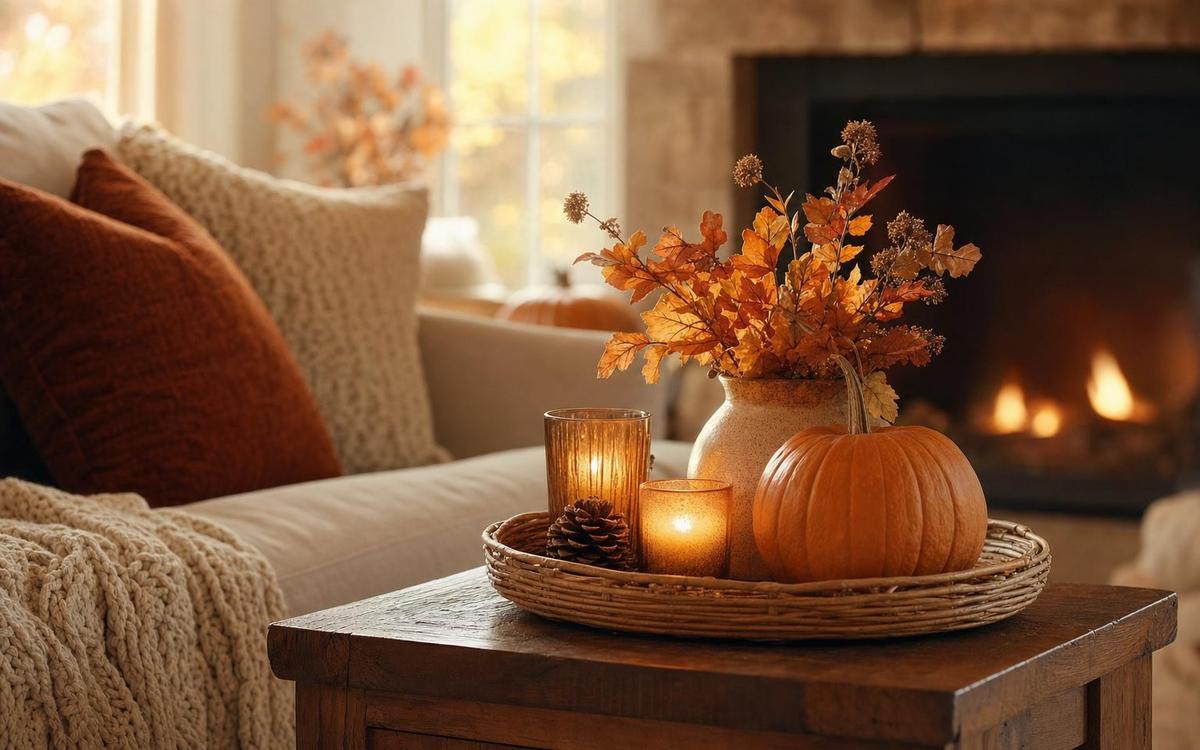 An orange pumpkin, fall stems, a pinecone and candles on a coffee-table tray in a living room