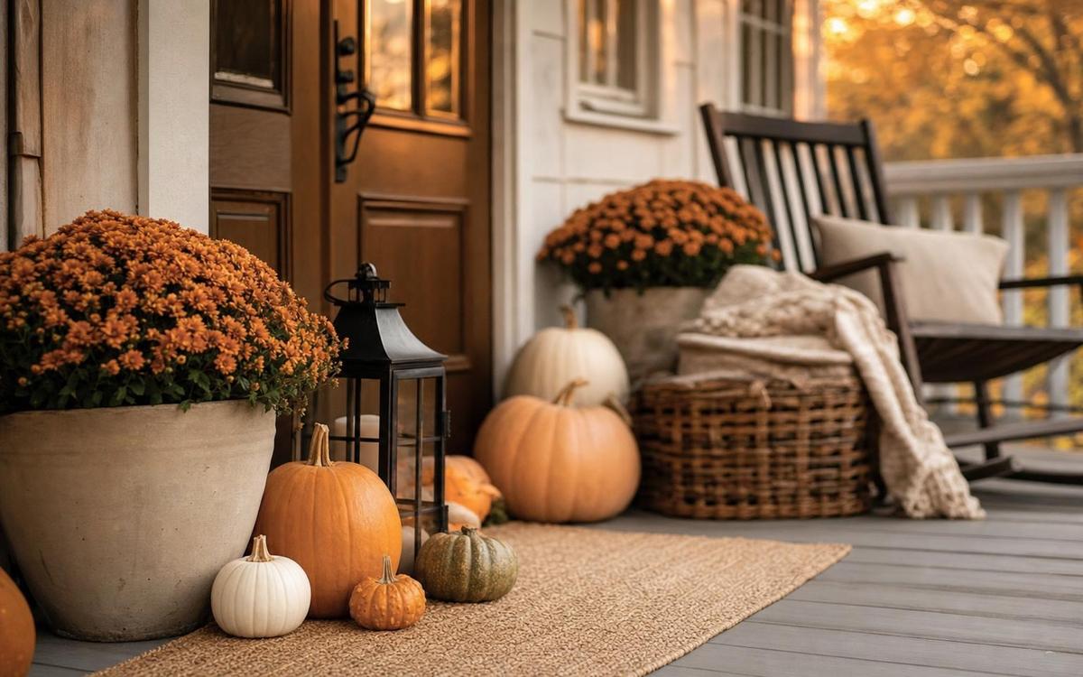 Fall porch with wreath, lanterns, pumpkins, and layered doormat