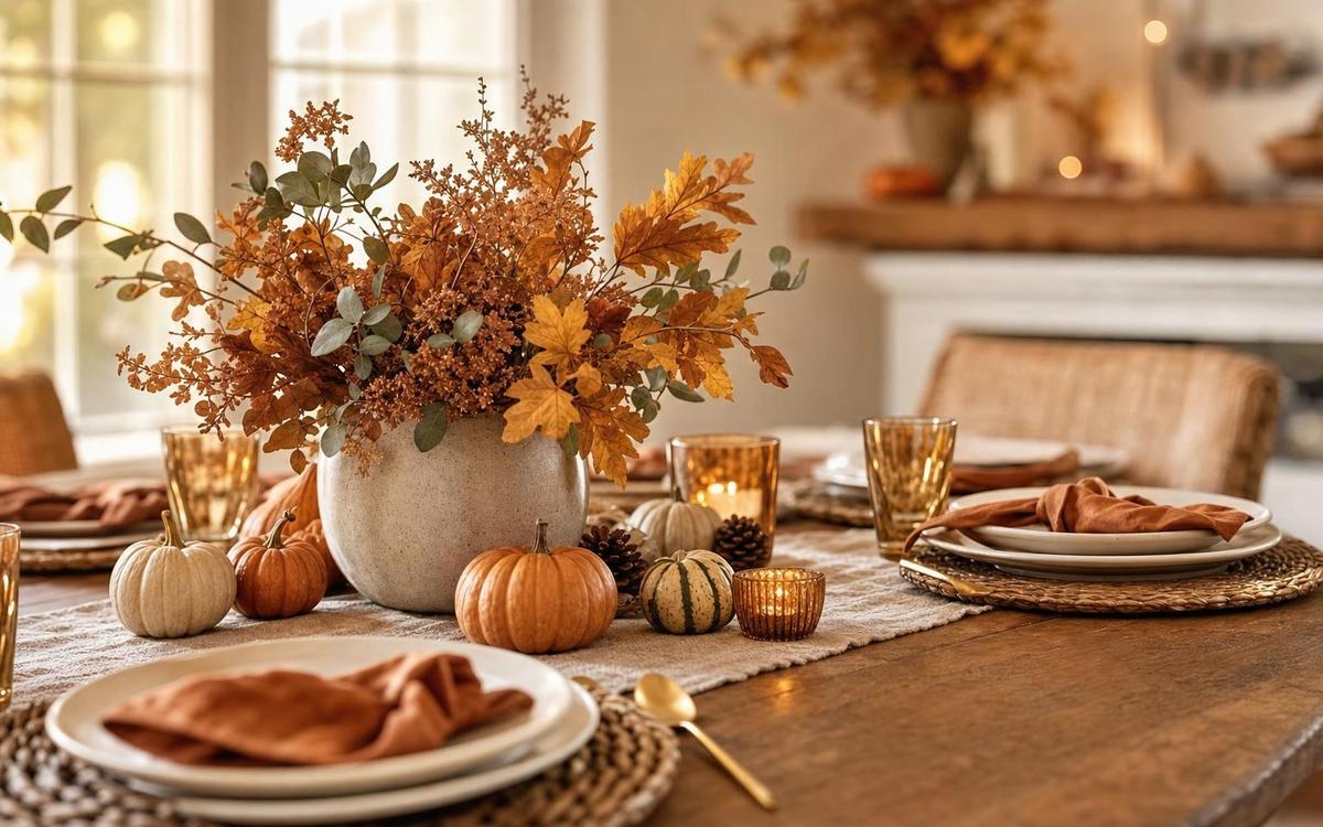 Fall table setting with runner, candles, leaves, and pumpkins