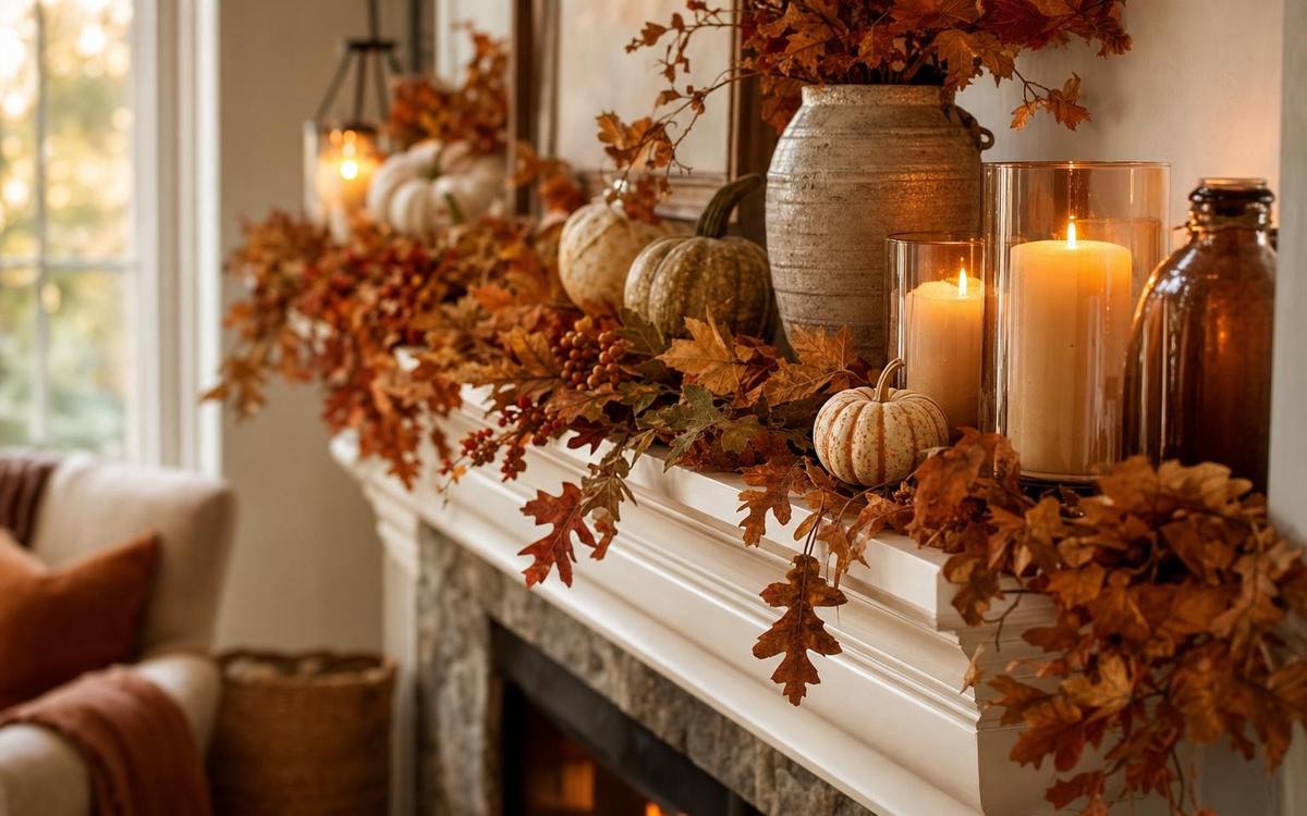Fall mantel with garland, candles, mirror, and pumpkins