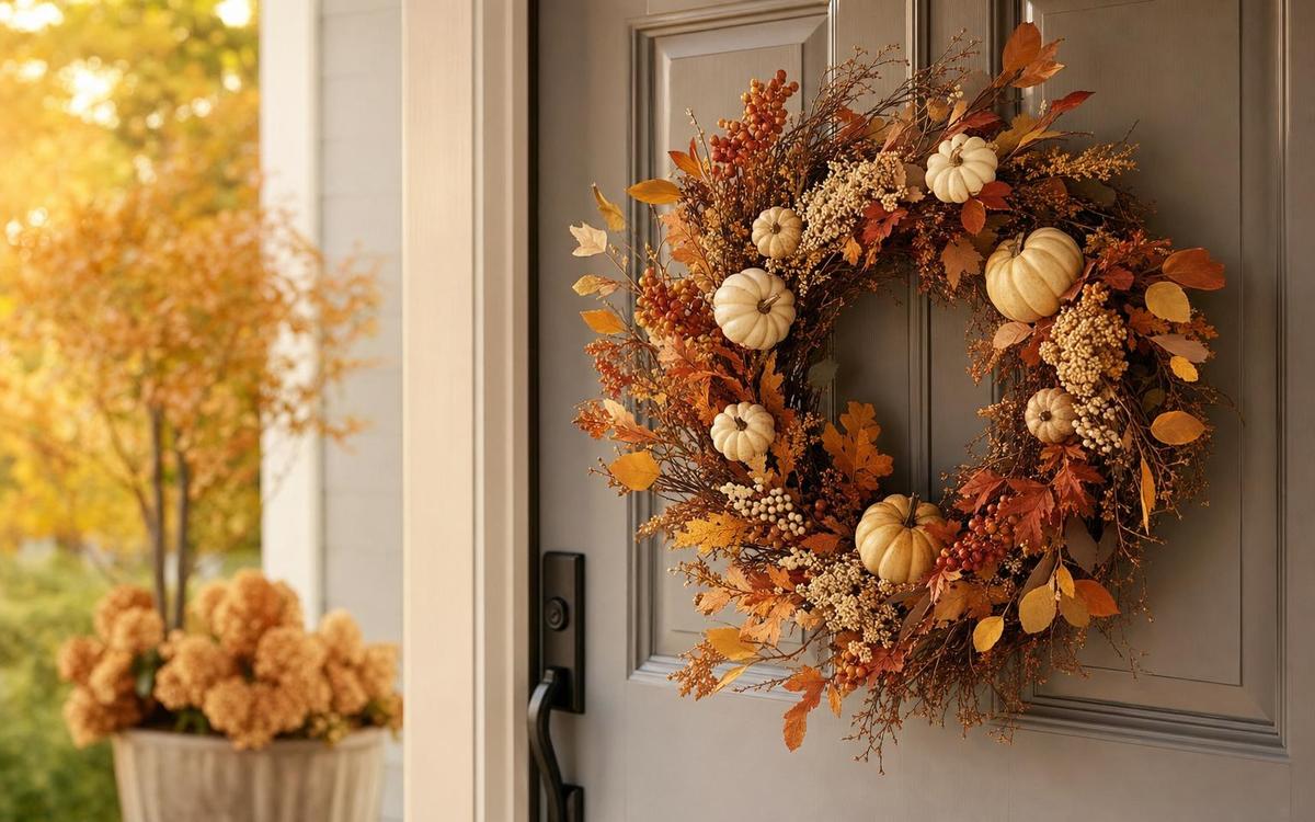 Fall front door decor with wreath, welcome sign, pumpkins, and warm entry styling