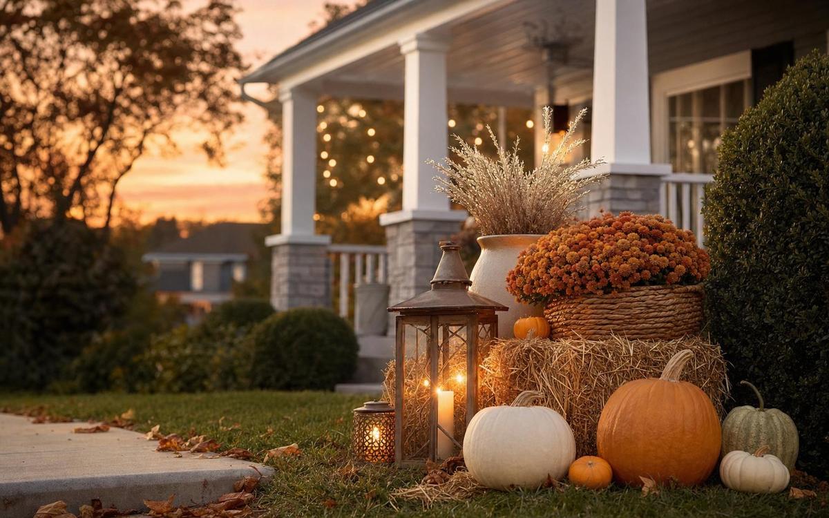 A front porch with pumpkins, potted mums, a hay bale and lanterns at sunset