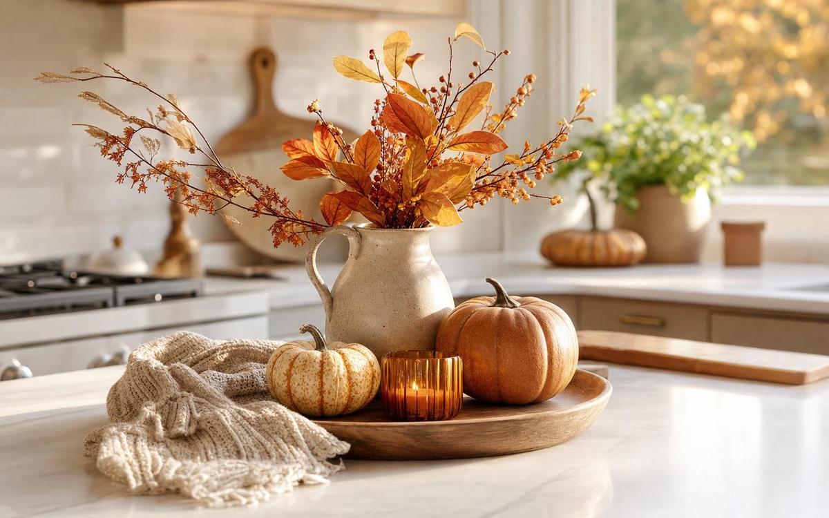 A cream pitcher with orange branches, small pumpkins and a candle on a white kitchen island