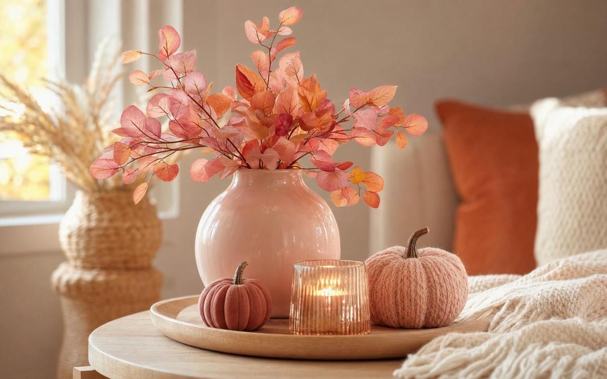 A blush vase with pink foliage, pink knit pumpkins and a candle on a coffee table