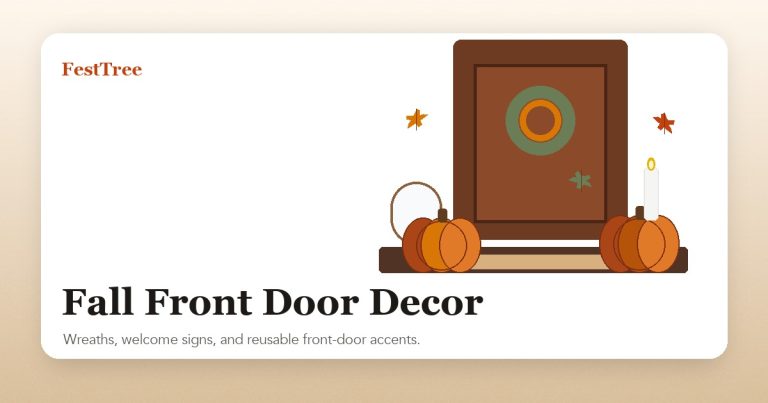 Illustrated fall front door decor with wreath, welcome sign, pumpkins, and warm entry styling