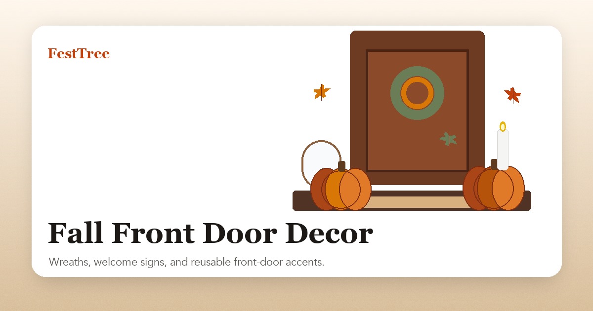 Illustrated fall front door decor with wreath, welcome sign, pumpkins, and warm entry styling