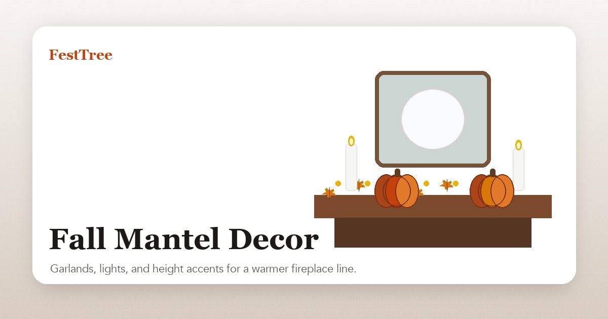 Illustrated fall mantel with garland, candles, mirror, and pumpkins