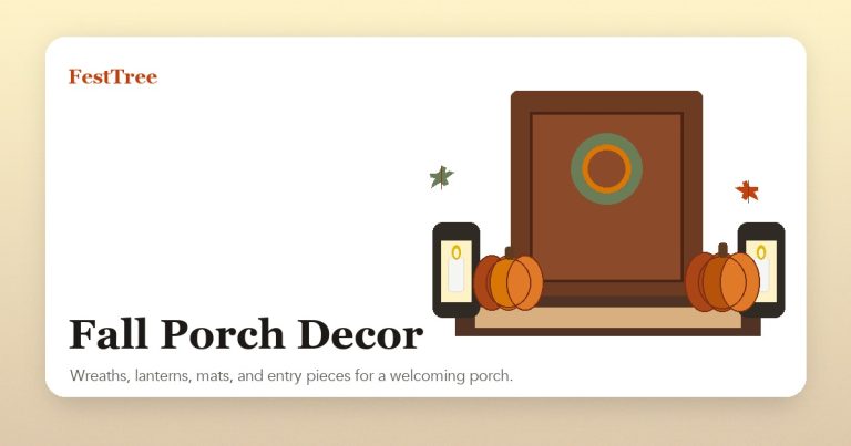 Illustrated fall porch with wreath, lanterns, pumpkins, and layered doormat