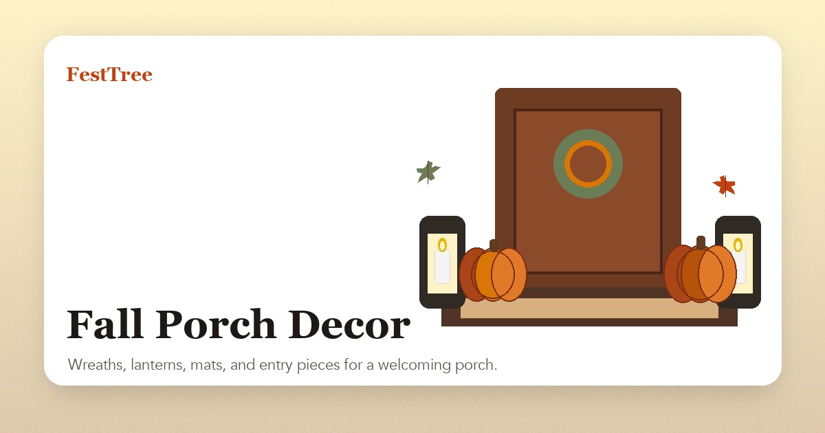 Illustrated fall porch with wreath, lanterns, pumpkins, and layered doormat