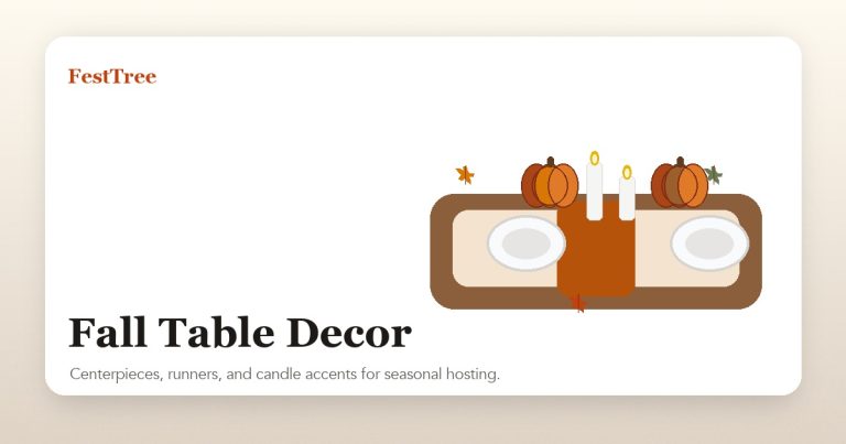 Illustrated fall table setting with runner, candles, leaves, and pumpkins