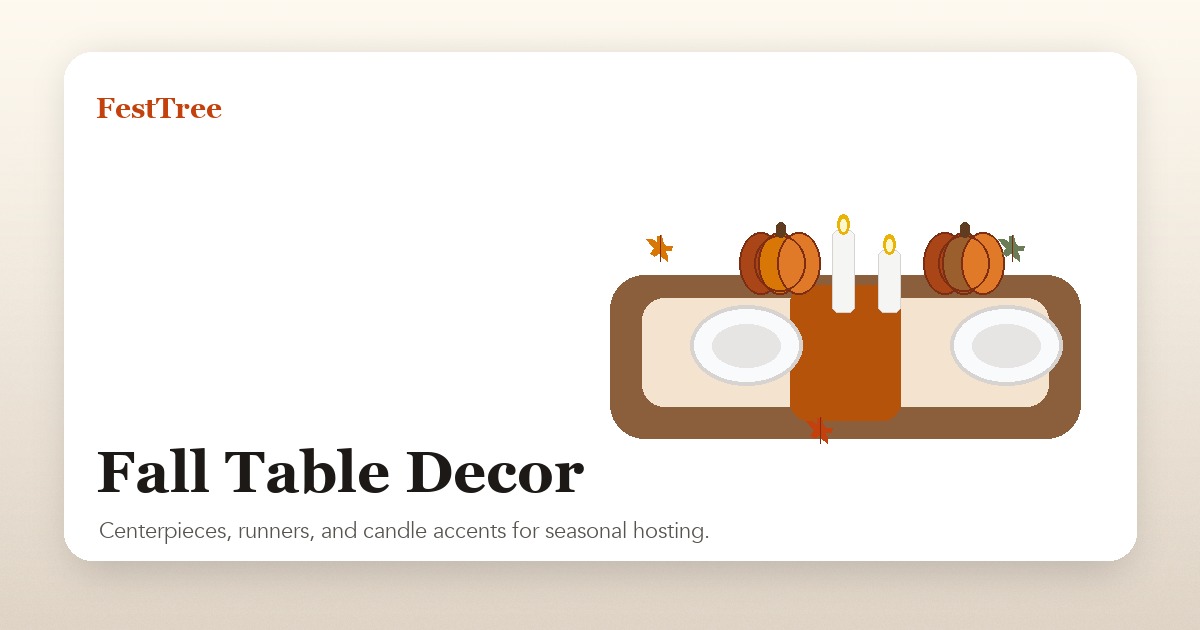 Illustrated fall table setting with runner, candles, leaves, and pumpkins