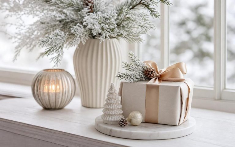 A small wrapped gift, frosted evergreen arrangement and candle on a round white tray by a window