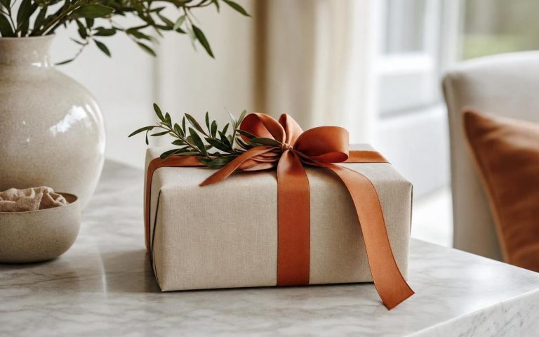 A linen-wrapped gift with a rust bow on a marble counter beside a ceramic vase and bowl