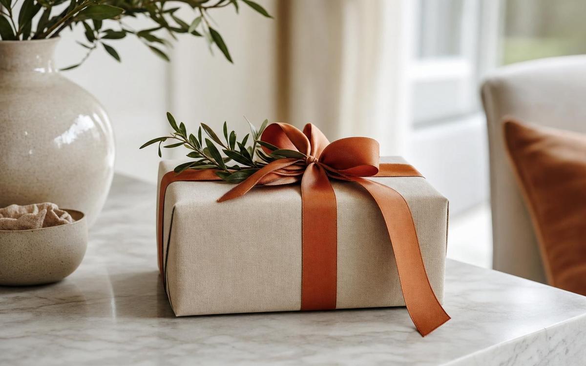 A linen-wrapped gift with a rust bow on a marble counter beside a ceramic vase and bowl