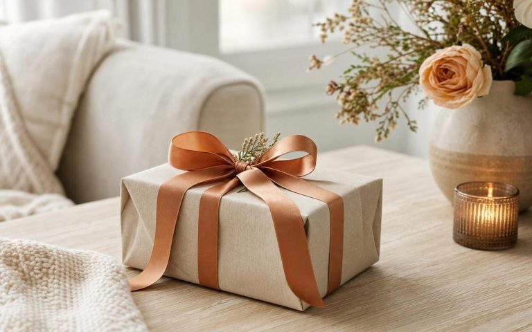 A linen-wrapped gift with a rust ribbon on a wooden coffee table beside a candle and flowers