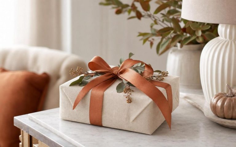A linen-wrapped gift with a rust ribbon on a dining table beside a lamp and small pumpkin