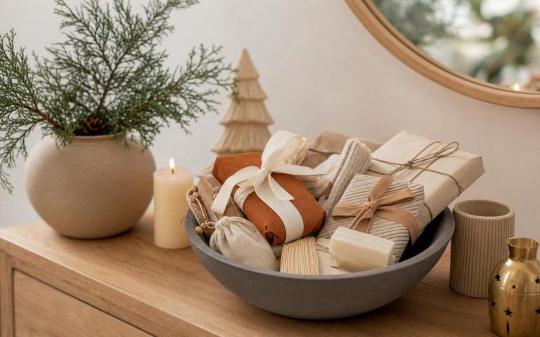 A bowl of small neutral gifts beside evergreen branches, a candle, a mug and a wooden tree on a console