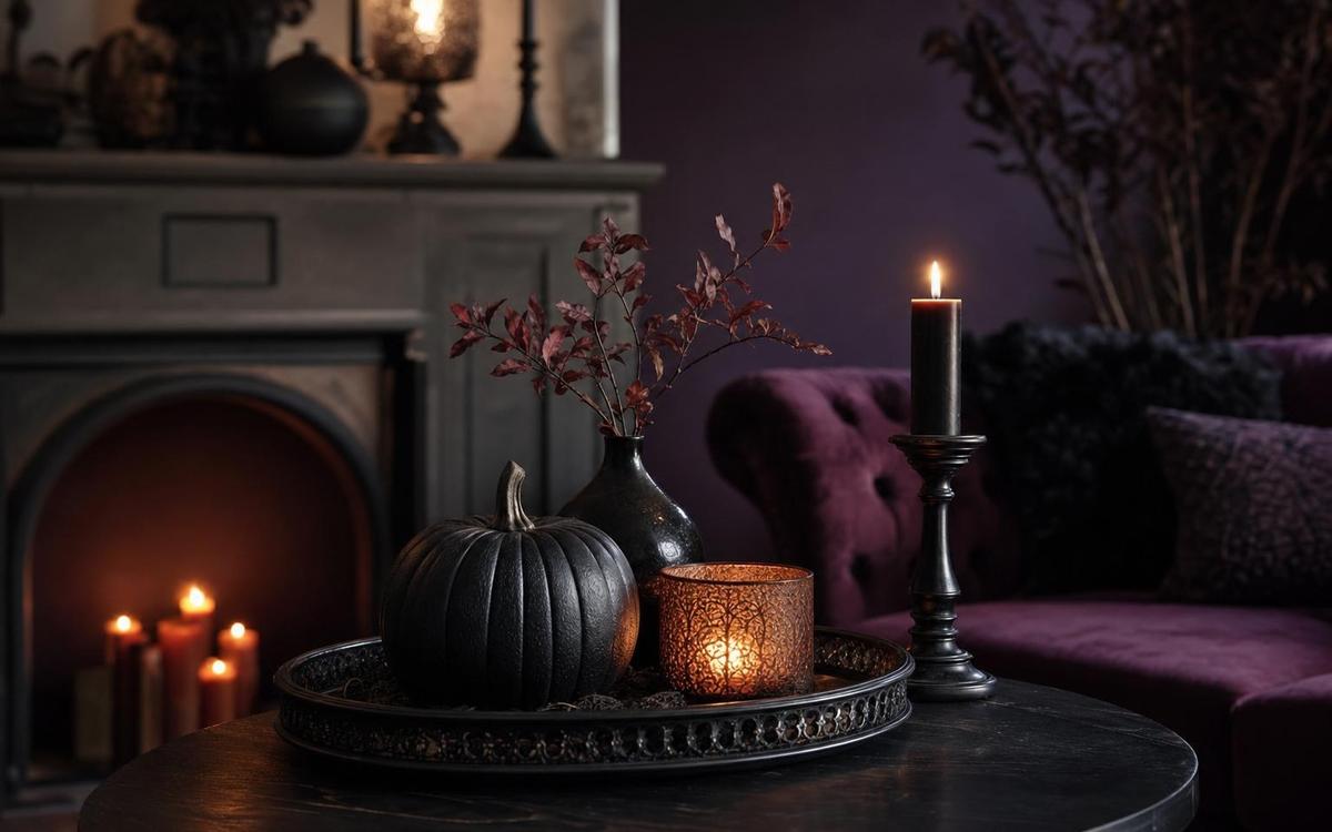 Indoor Halloween decor with bats, candles, and pumpkins
