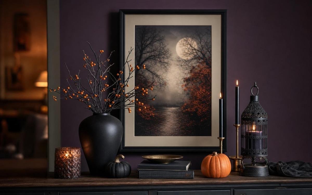 Halloween wall decor with bats, gauze, lighted hands, shelf, and witch accent