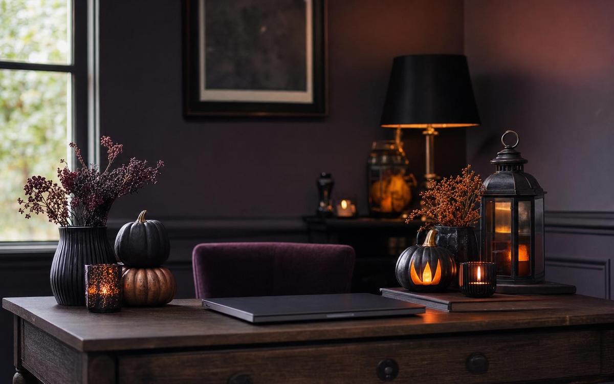 A dark desk with a plum chair, small pumpkins, a lantern and candle in a moody office