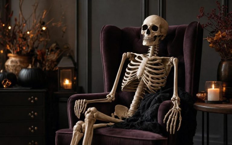 A full-size skeleton seated in a plum armchair with a black throw and candles