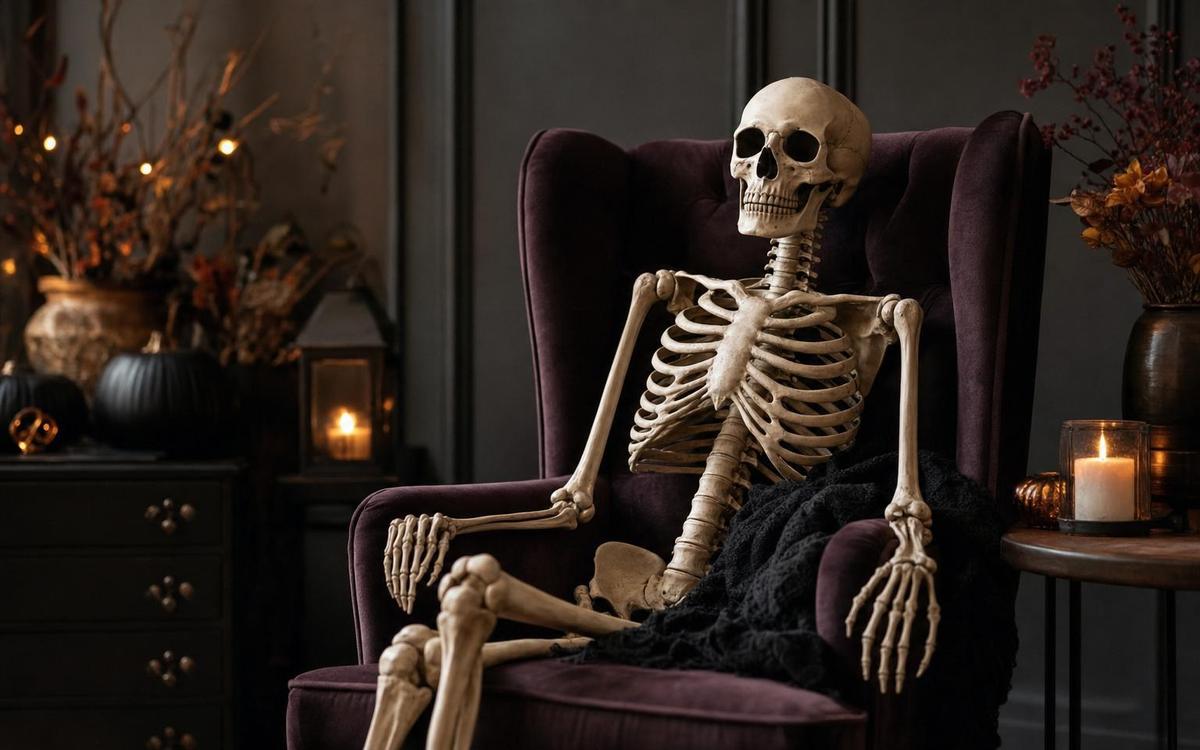 A full-size skeleton seated in a plum armchair with a black throw and candles