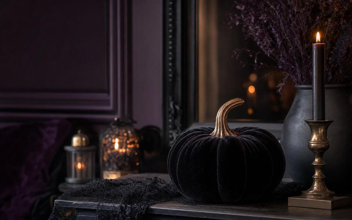 A black velvet pumpkin beside a black taper candle and glass candle lanterns