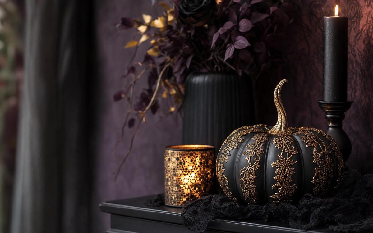 An ornate black pumpkin beside a gold candle holder and black taper candle