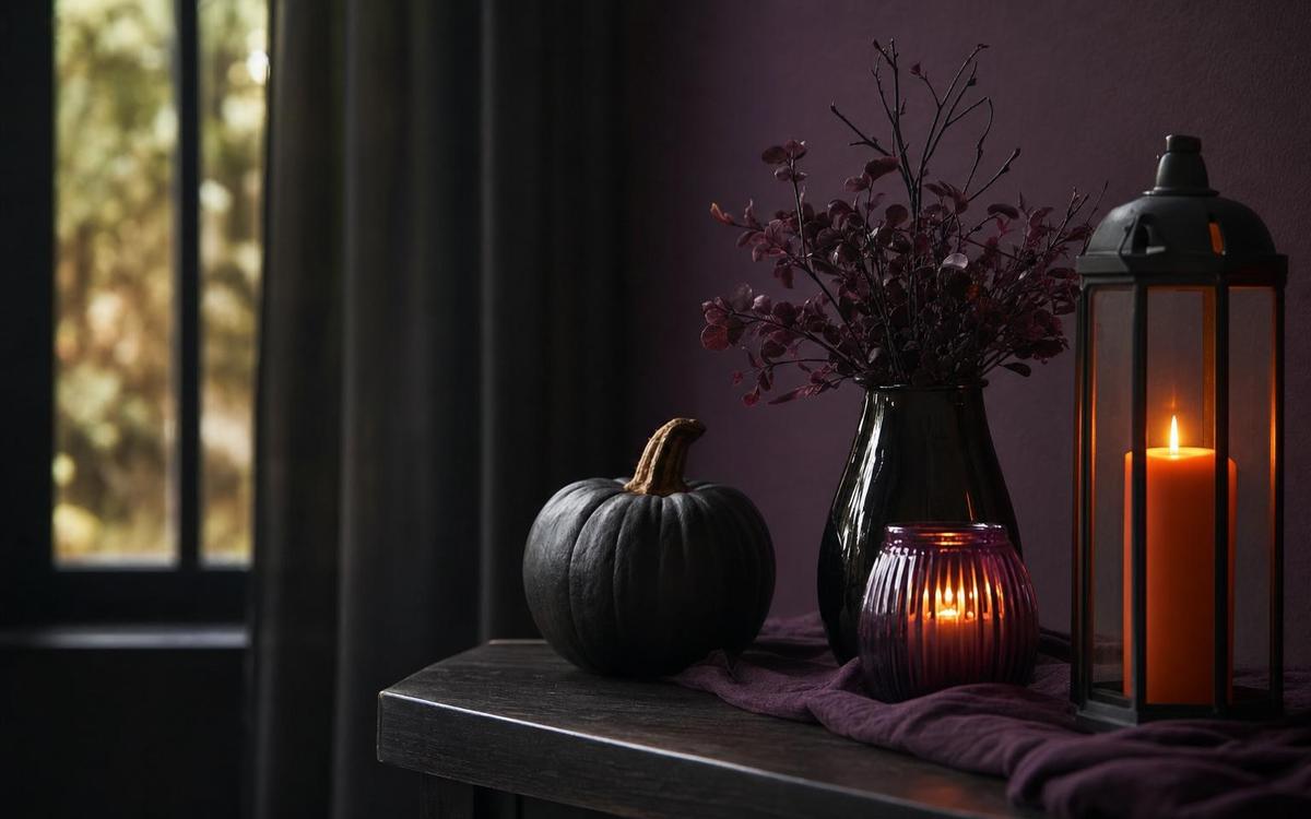 A black pumpkin, purple foliage and candle lanterns on a modern dark console