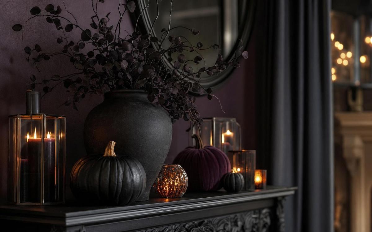 A large matte black vase and pumpkins with lanterns and candles on a dark console