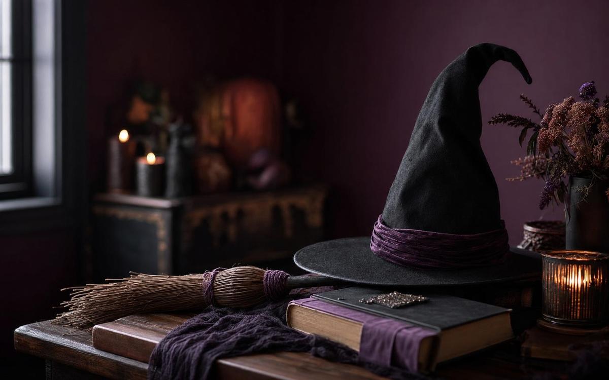 A black witch hat and broom on stacked books beside a candle on a dark table