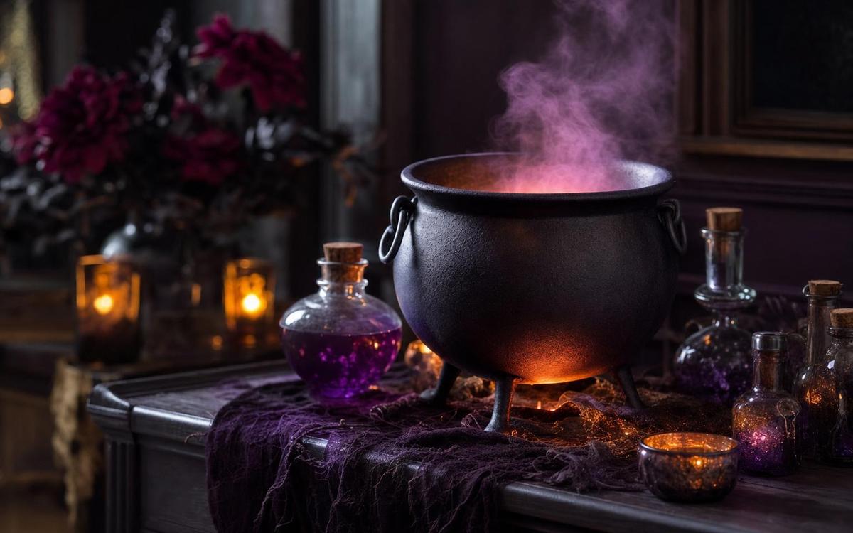 A black cauldron with purple mist, potion bottles and candles on a dark table