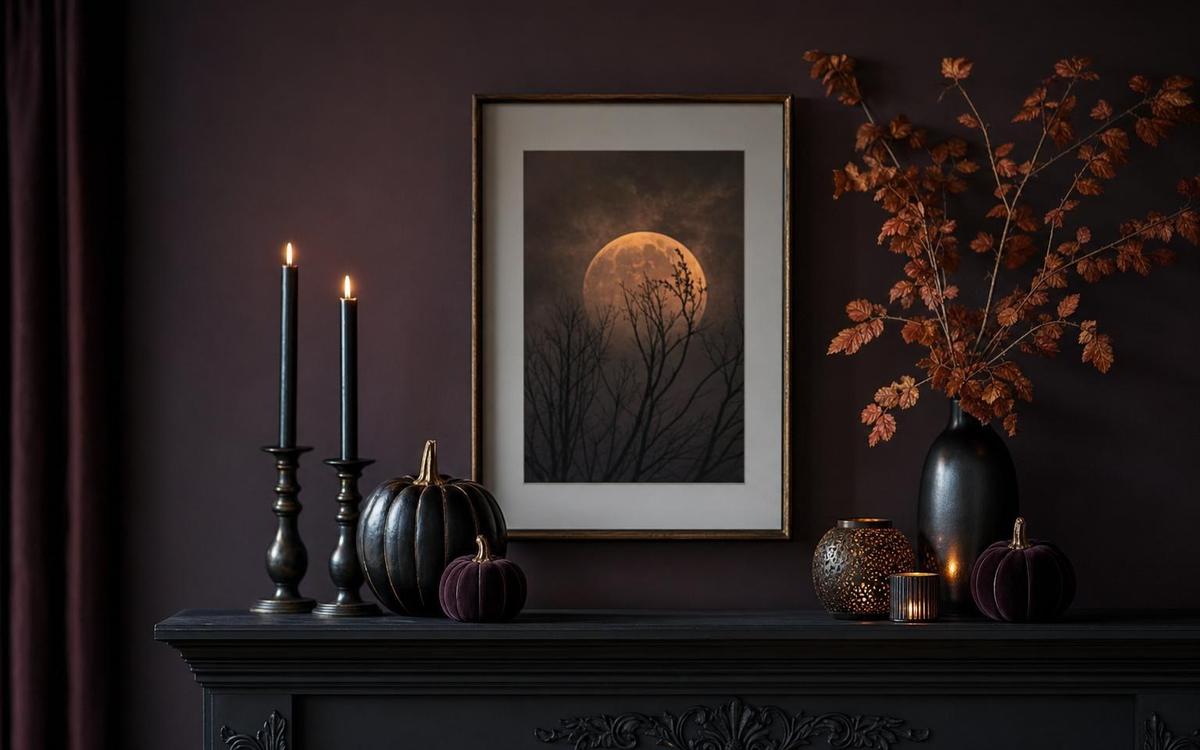 A moonlit tree print above black pumpkins and taper candles on a dark mantel