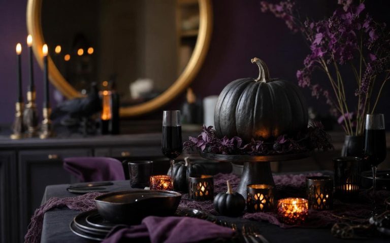 A black pumpkin centerpiece with purple flowers and candles on a dark Halloween dining table