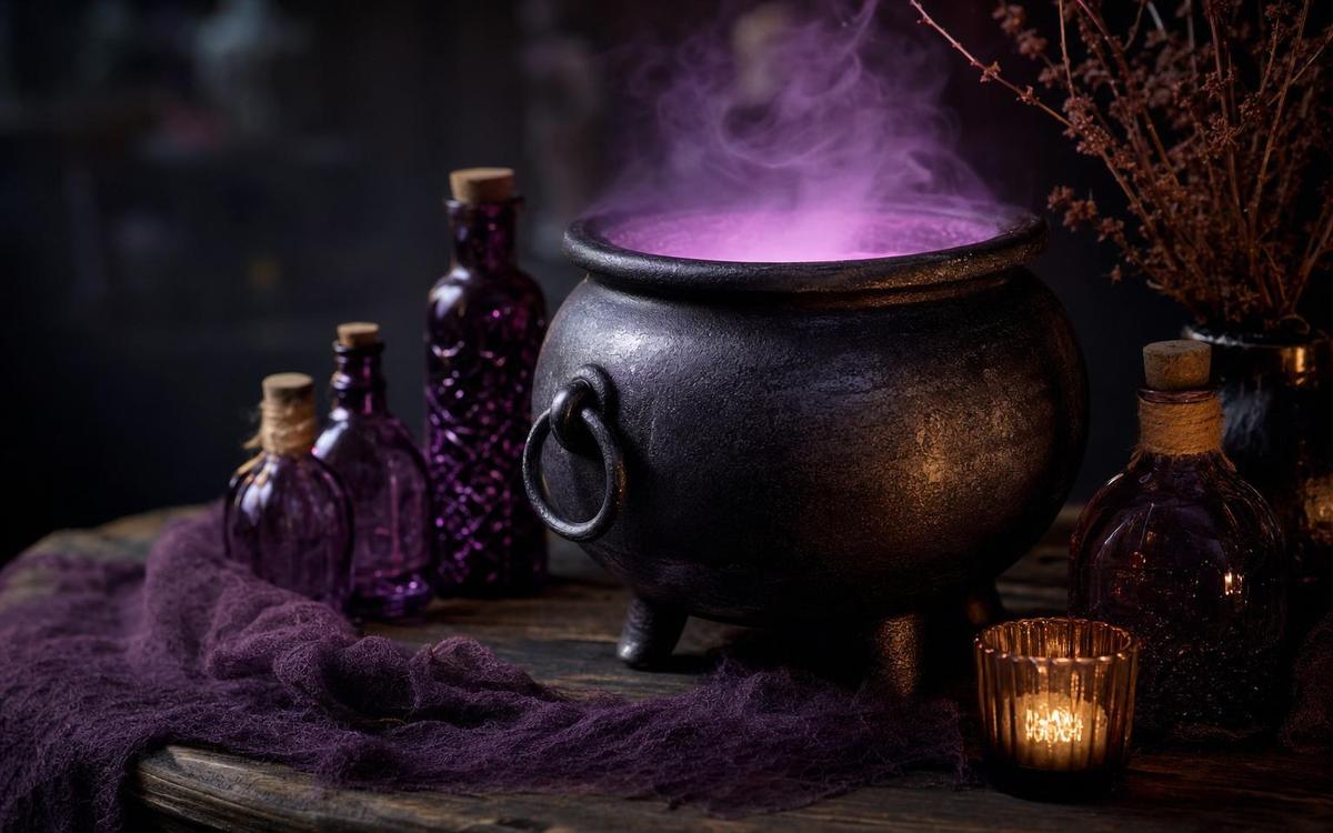 Photorealistic Ceramic vs Light-Up Halloween Cauldrons seasonal decor vignette