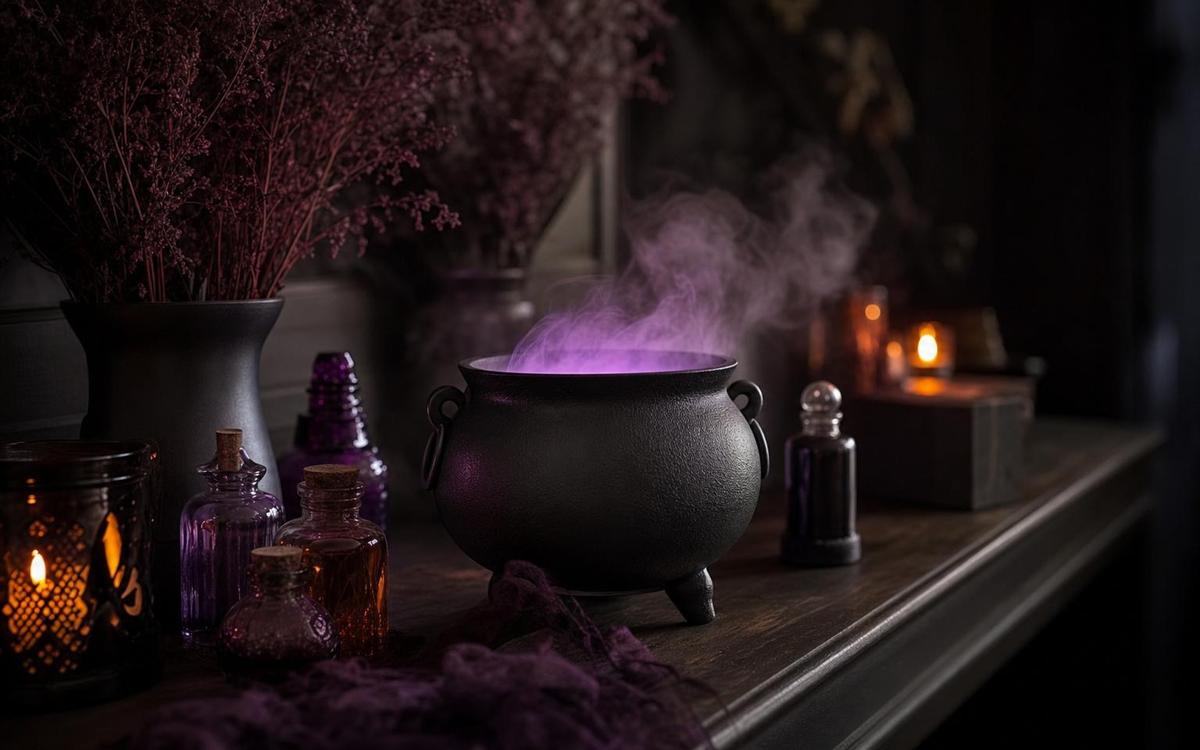 Photorealistic Bubbling Cauldron vs Floating Potion Kits seasonal decor vignette