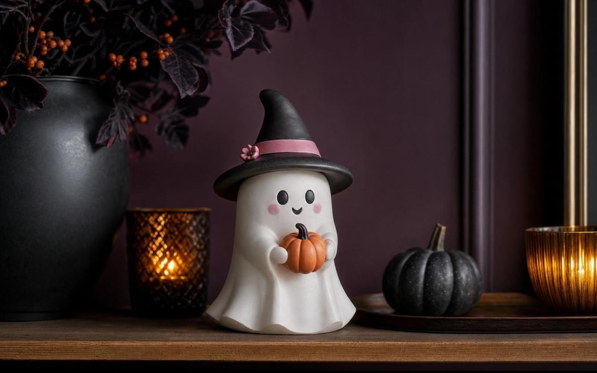 A white ghost figurine in a pink witch hat holding a pumpkin between candles and a black pumpkin